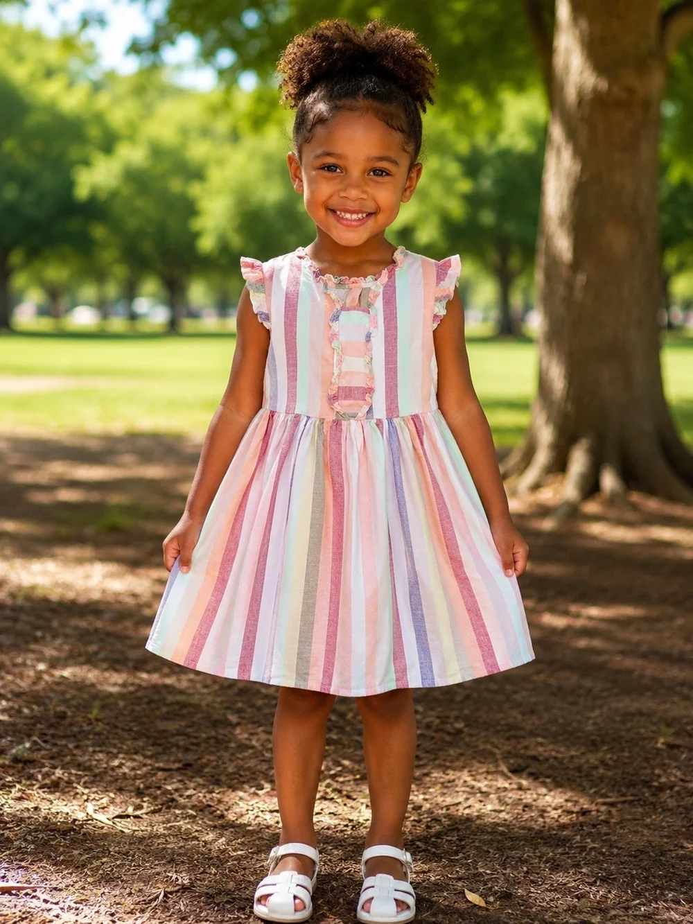 Girls' Pastel Striped Ruffle-Sleeve Dress
